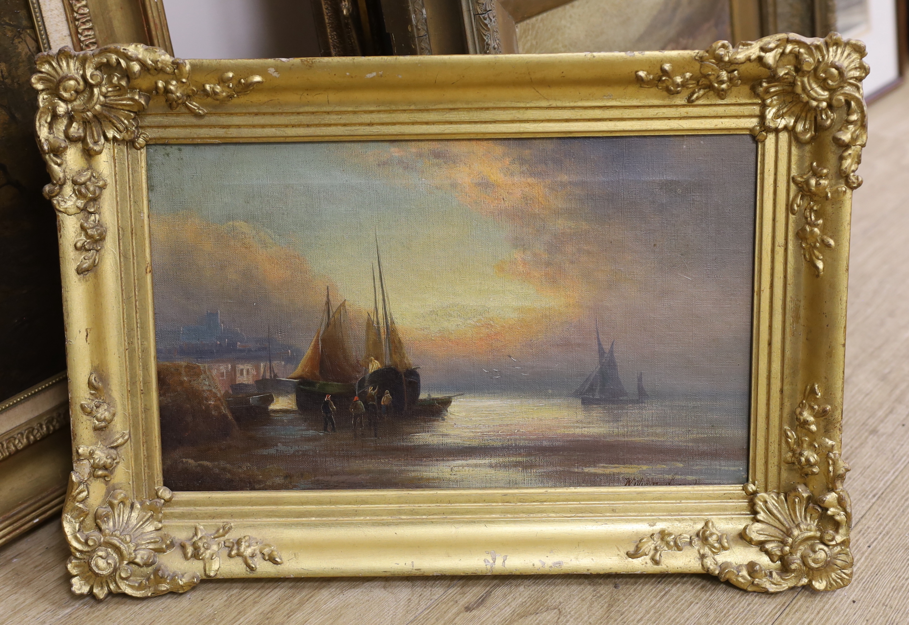 William Langley (1852-1922) oil on canvas, 'Sunset fishing, Luggers', signed, inscribed verso, 23 x 39cm, ornate gilt framed